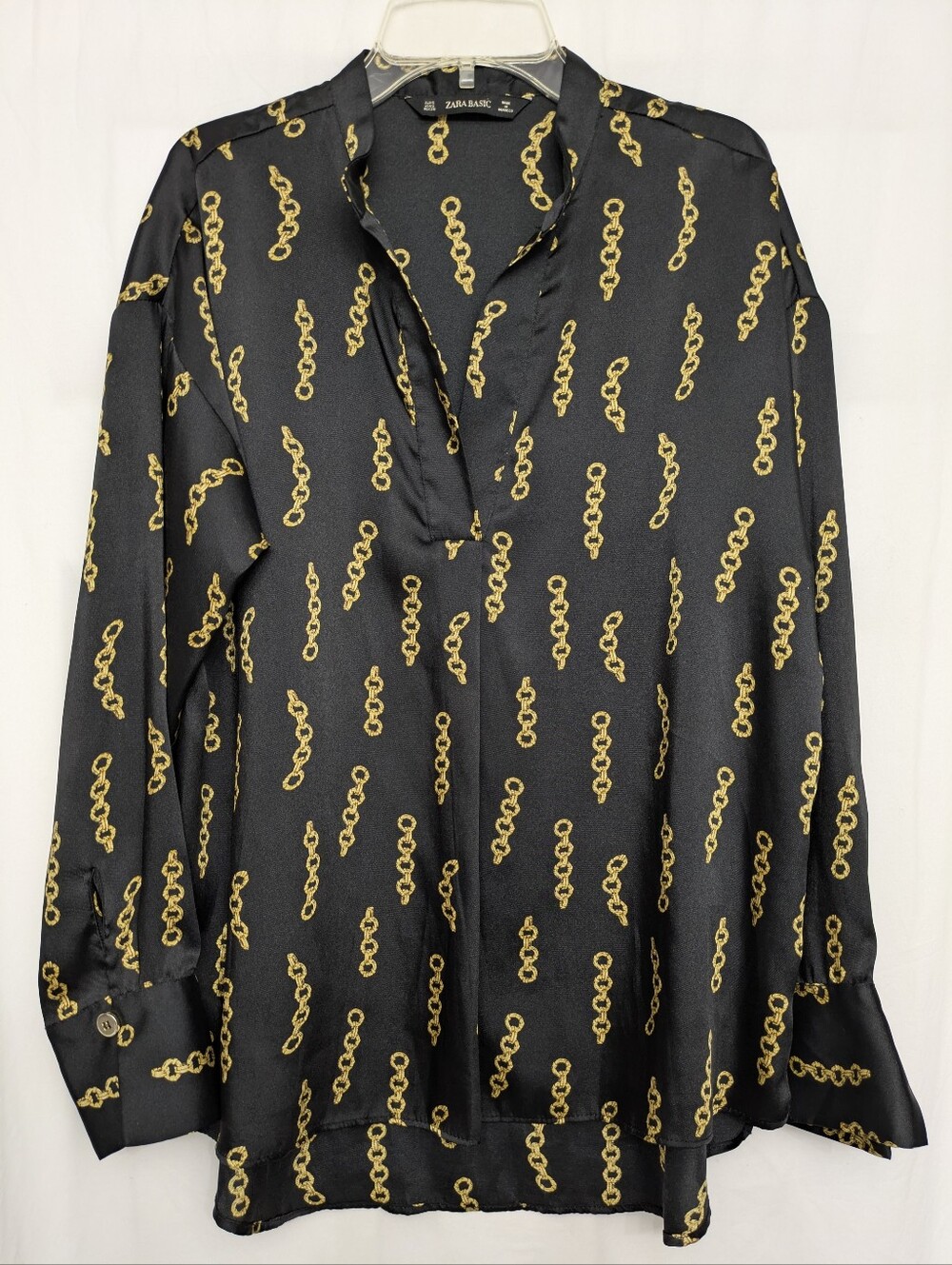Zara Black Chain-Print V-Neck Button-Down Blouse